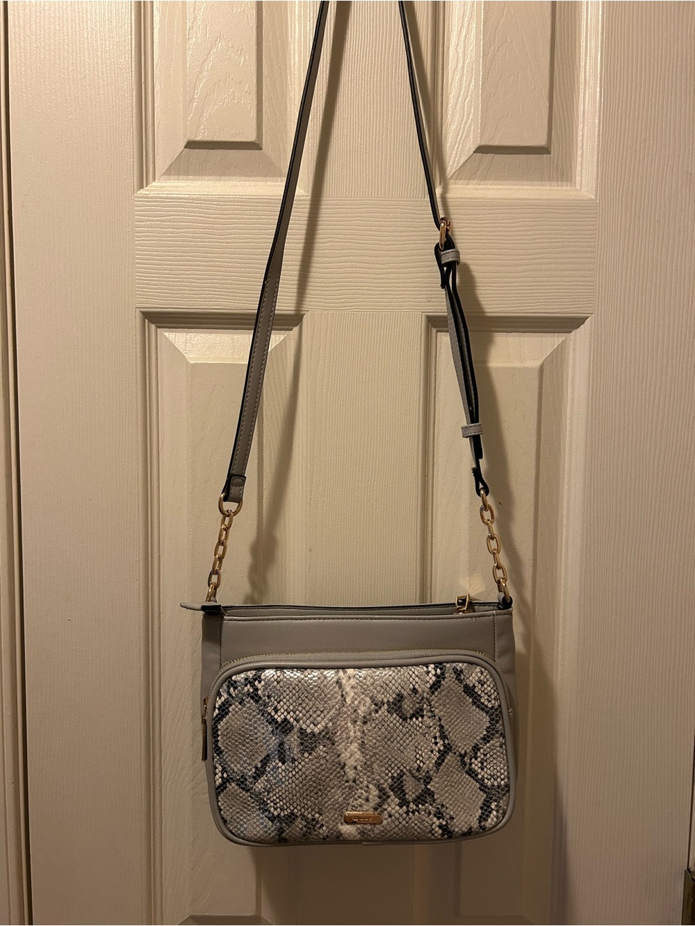 Dune London Gray Crossbody Bag with Snake-Print Front Panel